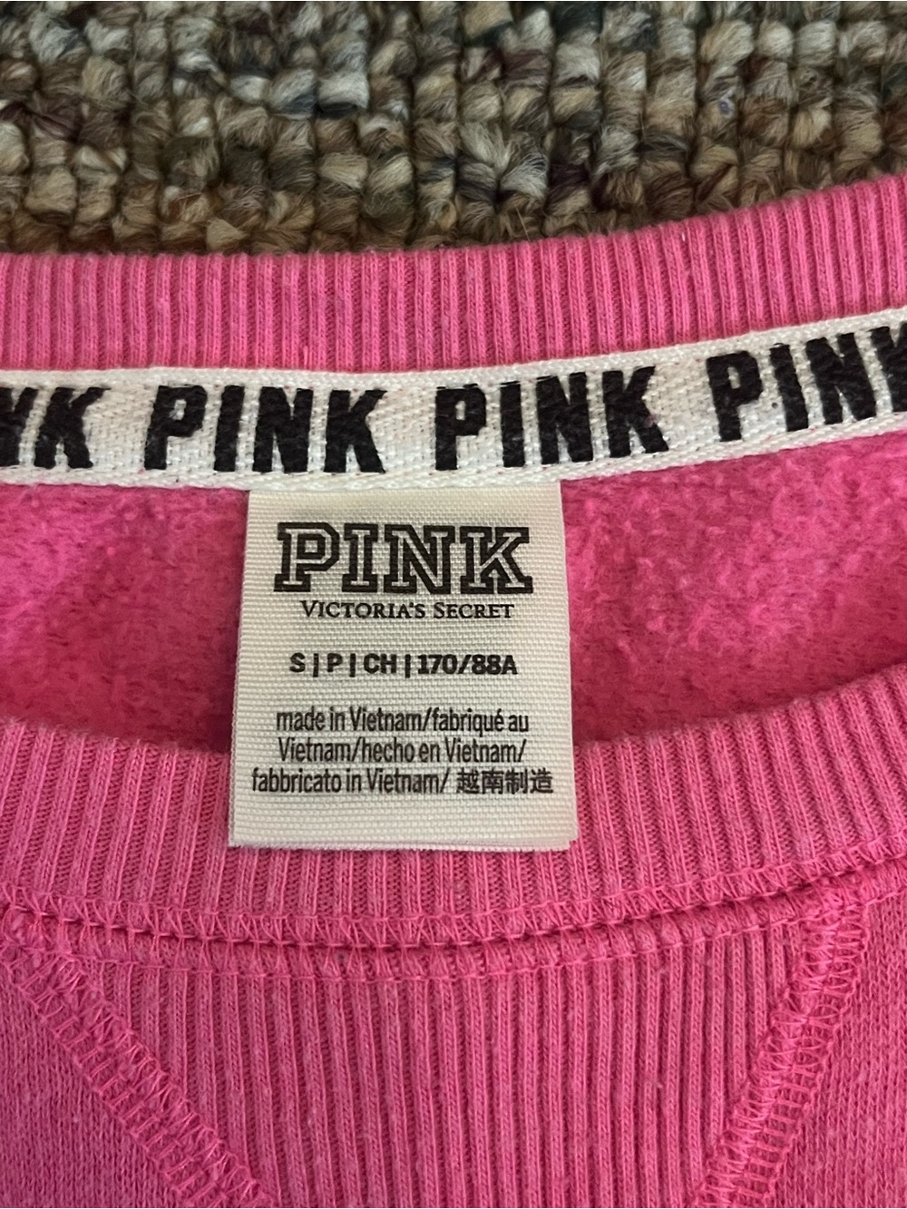 PINK Victoria's Secret Ribbed Crewneck Sweater in Hot Pink with Logo Trim